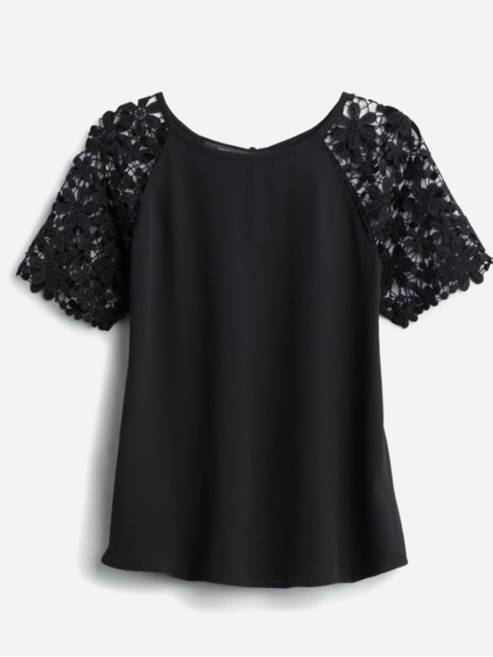 West Kei Black Blouse with Floral Crochet Sleeves